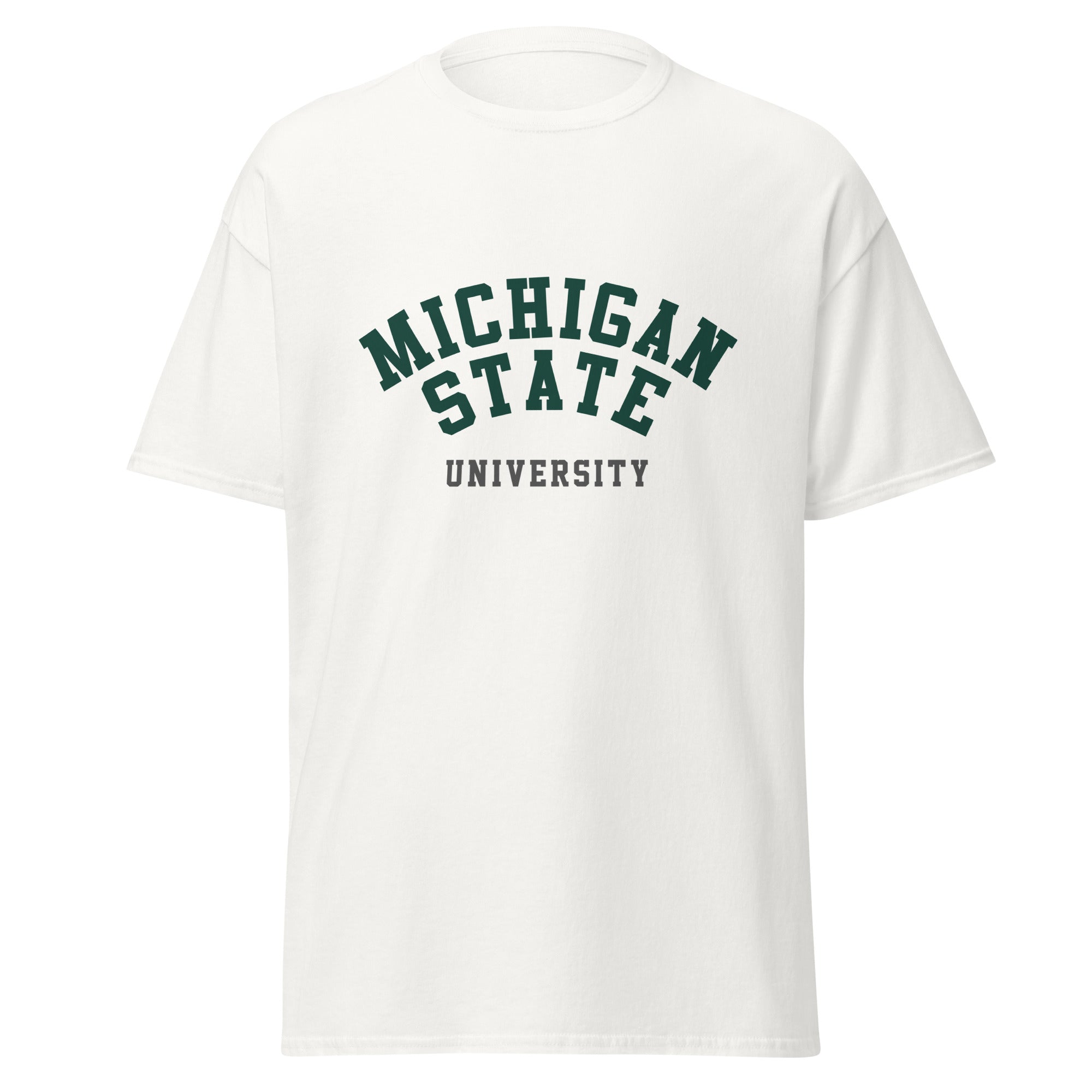 Unisex classic tee featuring Michigan State University name and branding in green and white