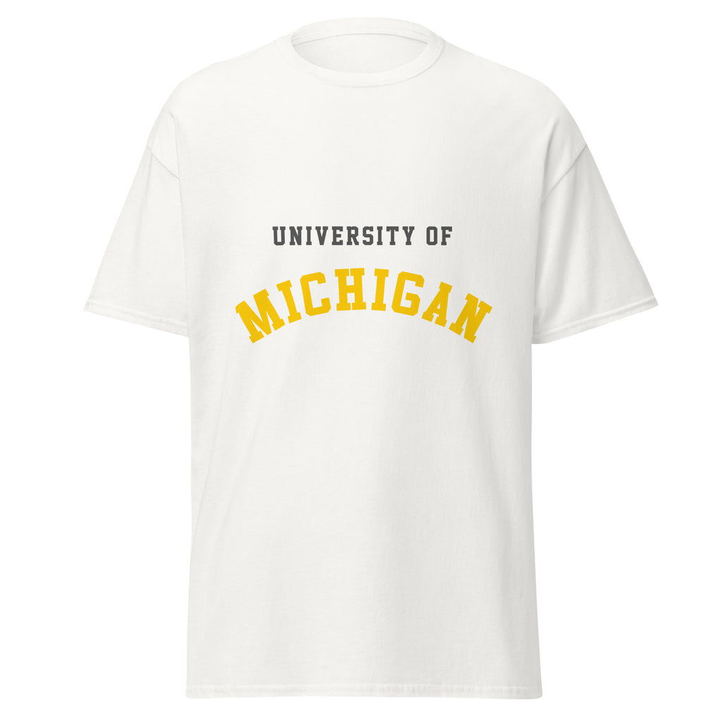 Unisex classic tee featuring University of Michigan name and branding in maize and blue