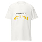 Unisex classic tee featuring University of Michigan name and branding in maize and blue