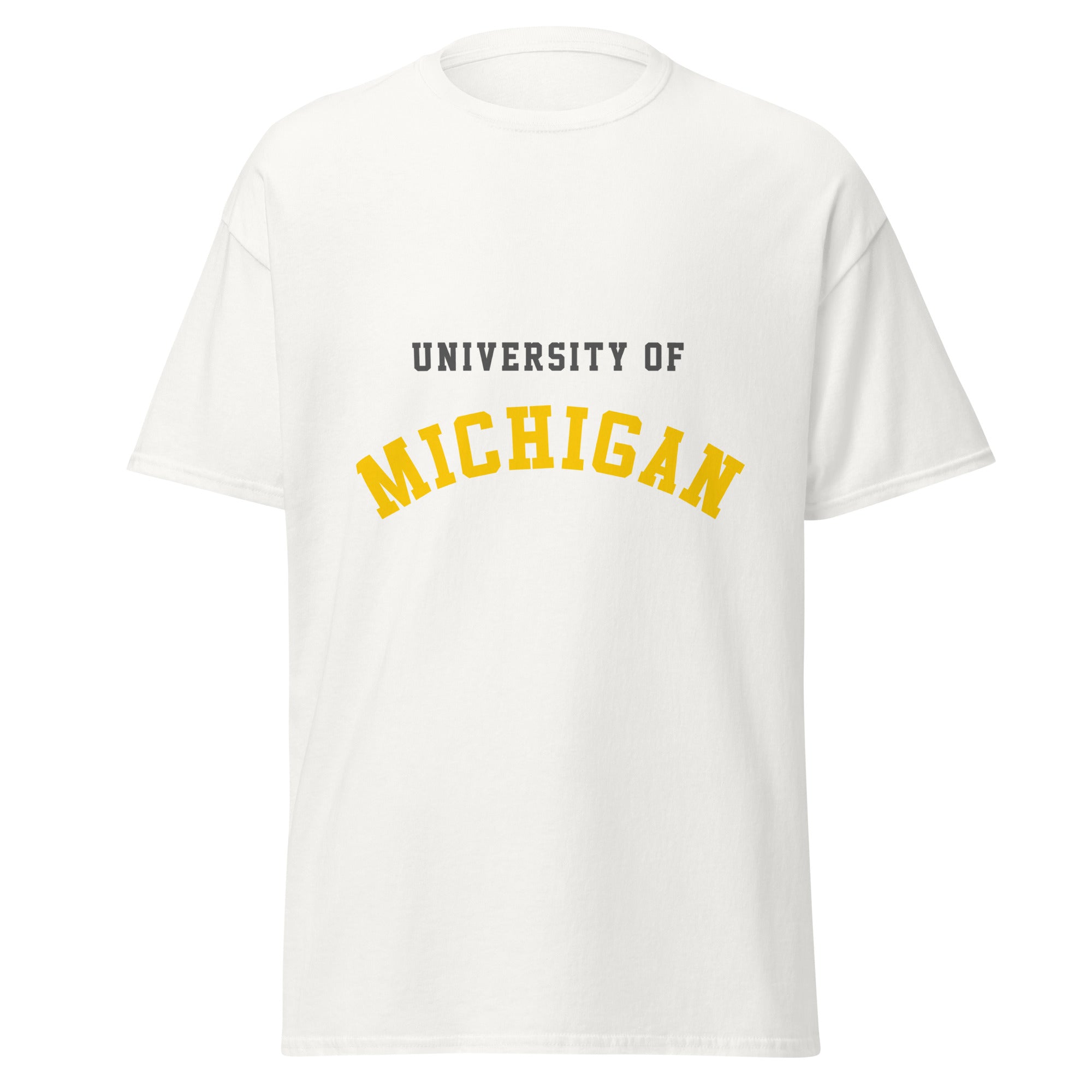 Unisex classic tee featuring University of Michigan name and branding in maize and blue