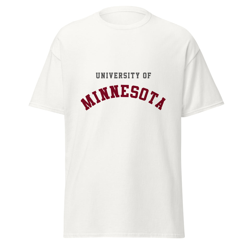 Unisex classic tee featuring University of Minnesota name and branding in maroon and gold