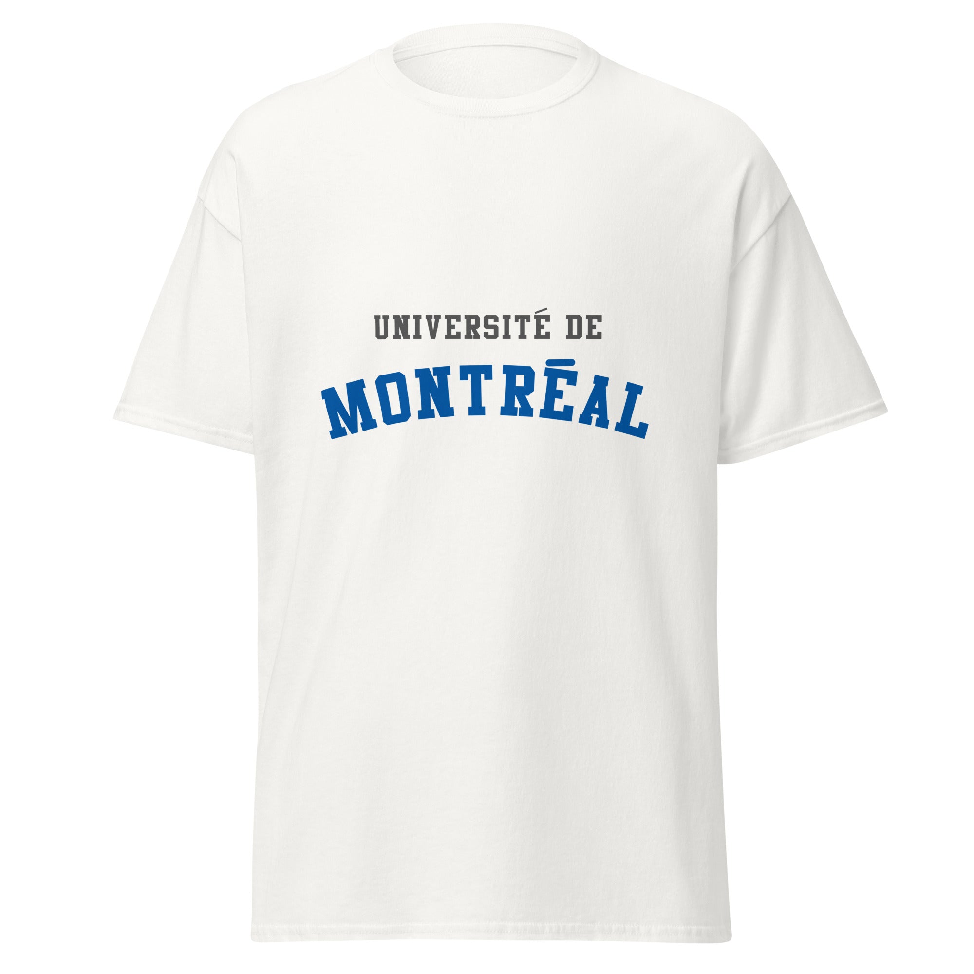 Unisex classic tee featuring Université de Montréal name and branding in blue and white