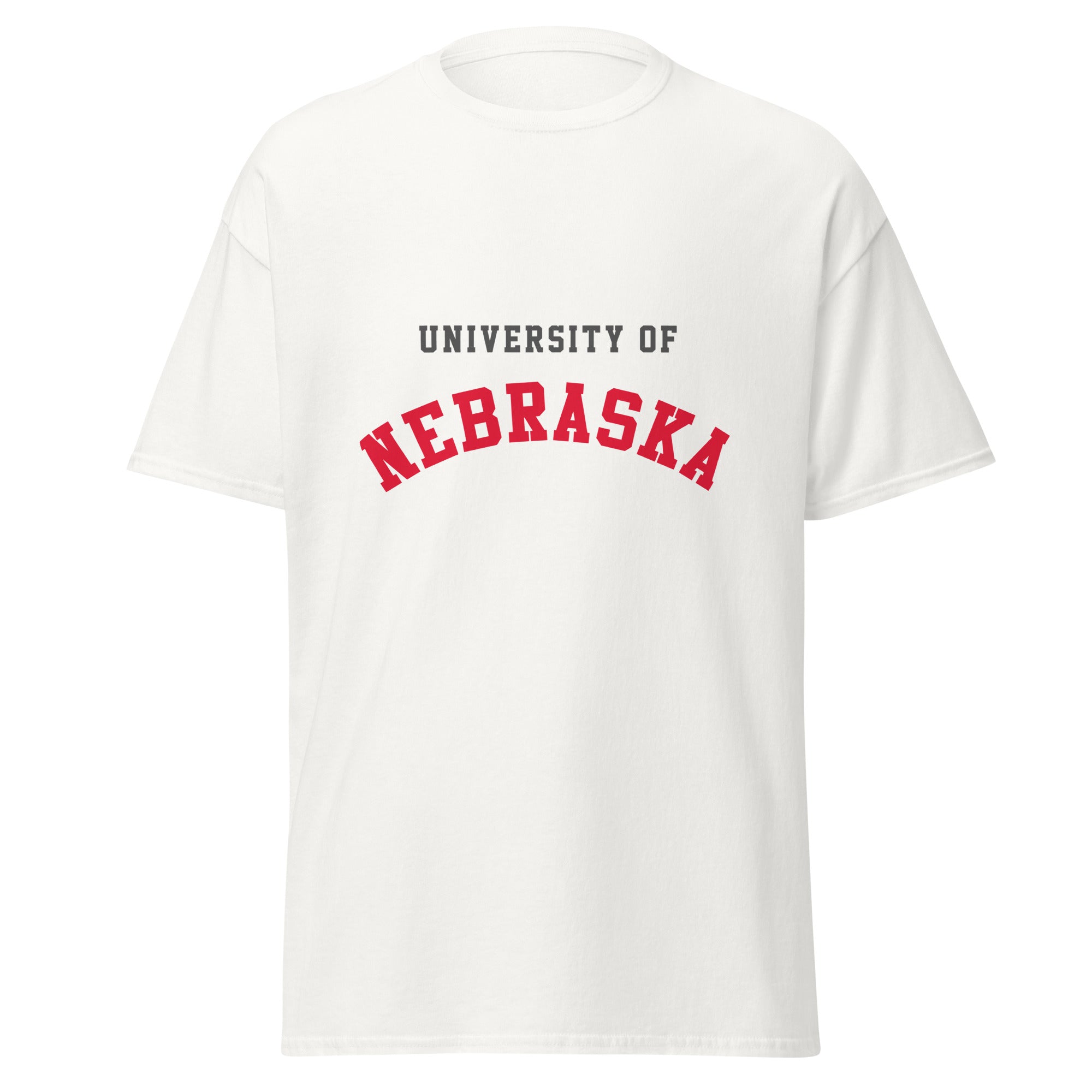 Unisex classic tee featuring University of Nebraska name and branding in scarlet and cream