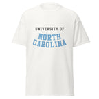 Unisex classic tee featuring University of North Carolina name and branding in Carolina blue and white