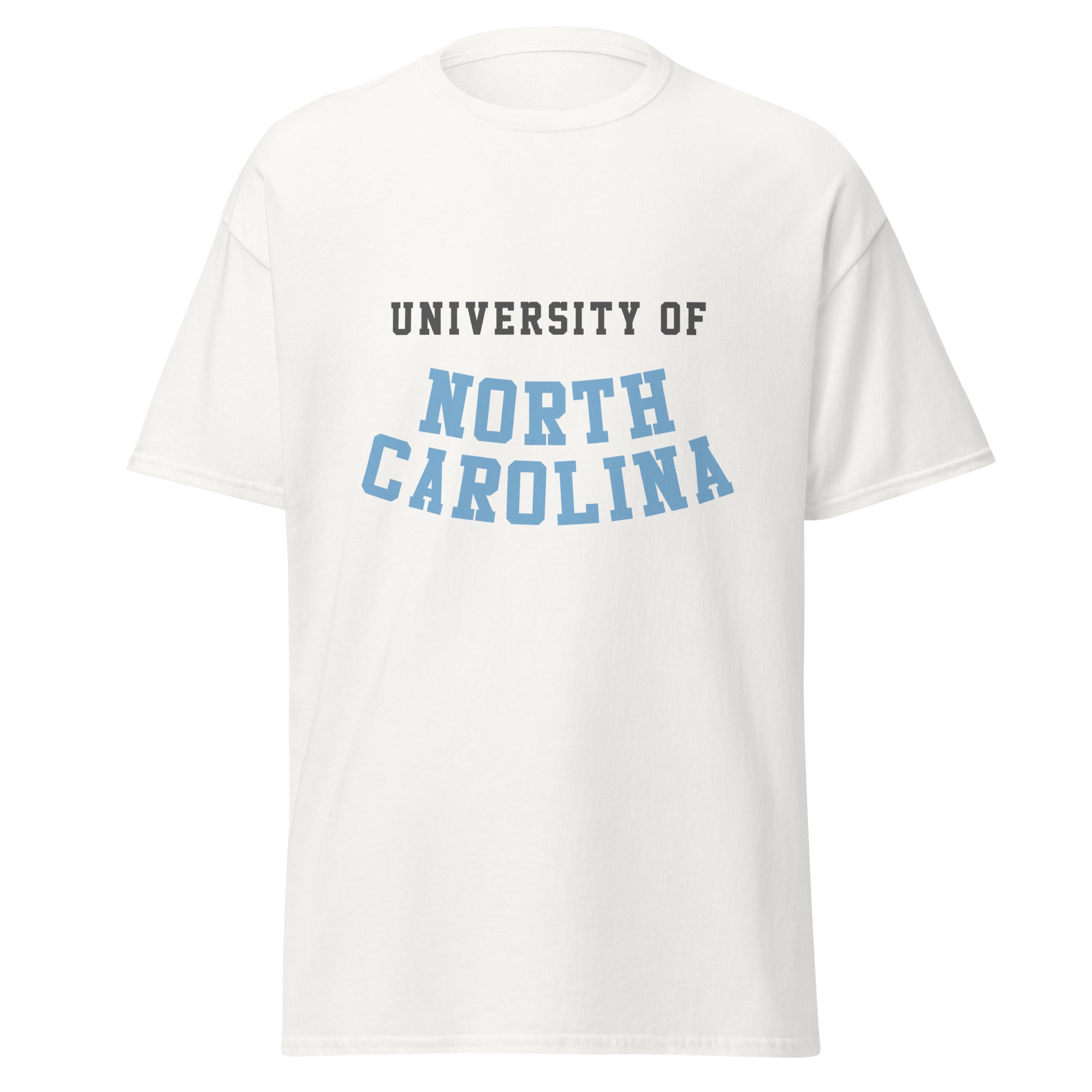 Unisex classic tee featuring University of North Carolina name and branding in Carolina blue and white