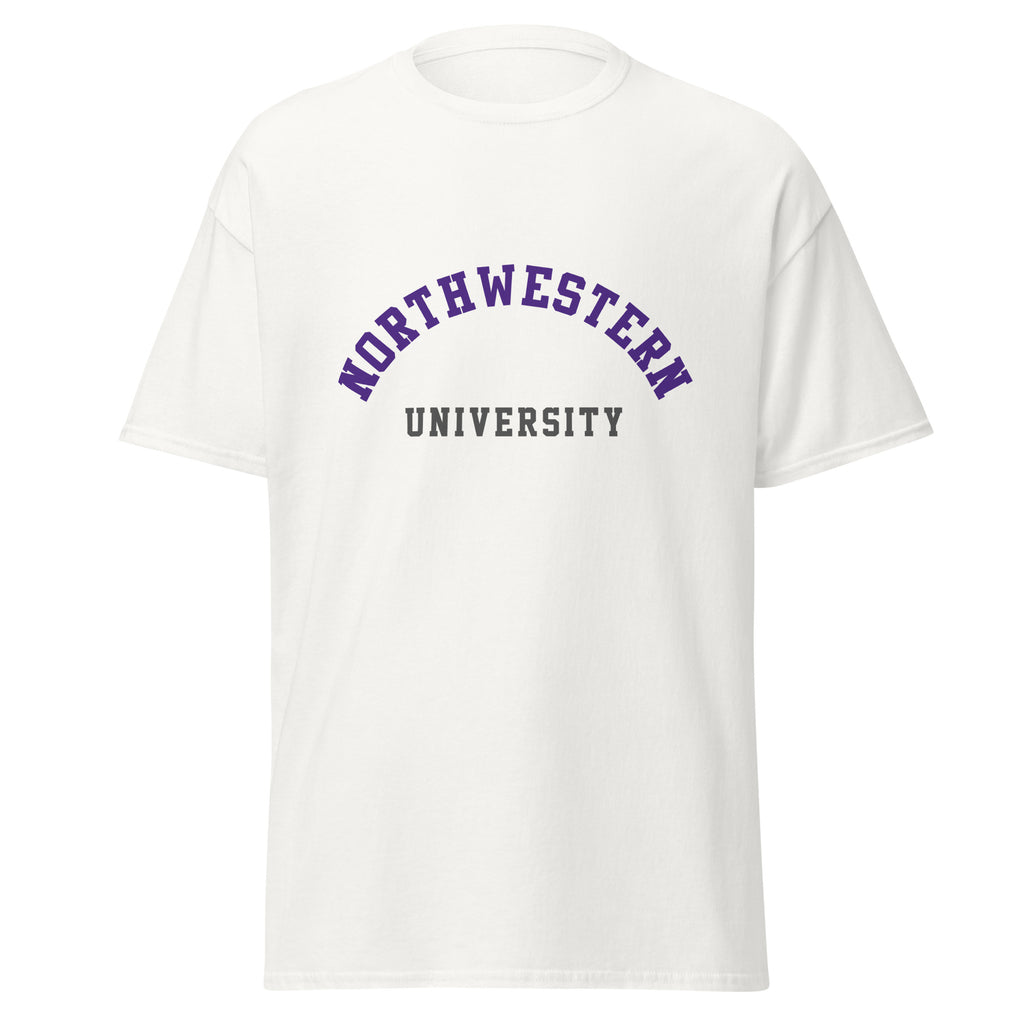 Unisex classic tee featuring Northwestern University name and branding in purple and white
