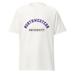 Unisex classic tee featuring Northwestern University name and branding in purple and white