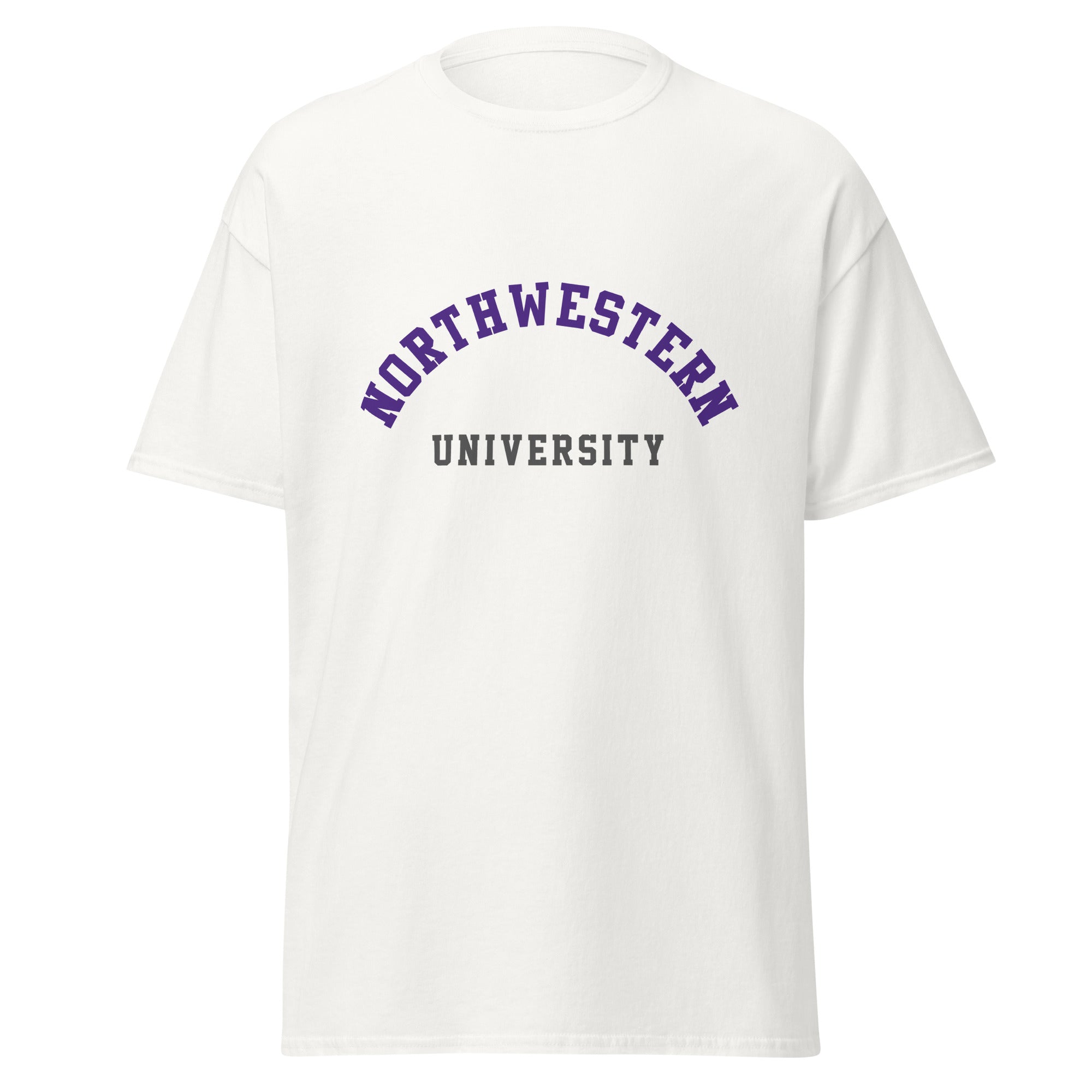 Unisex classic tee featuring Northwestern University name and branding in purple and white