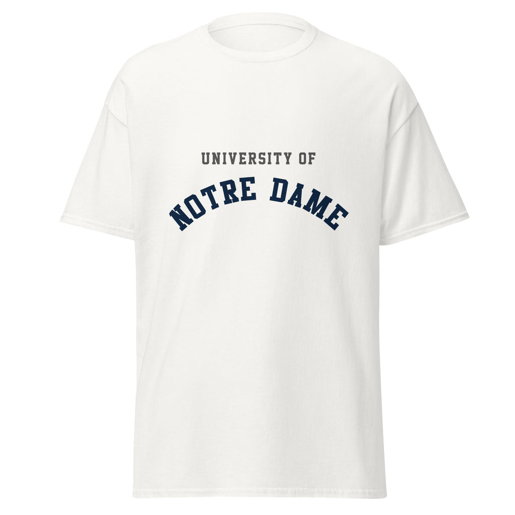 Unisex classic tee featuring University of Notre Dame name and branding in navy and gold