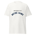 Unisex classic tee featuring University of Notre Dame name and branding in navy and gold