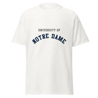 Unisex classic tee featuring University of Notre Dame name and branding in navy and gold