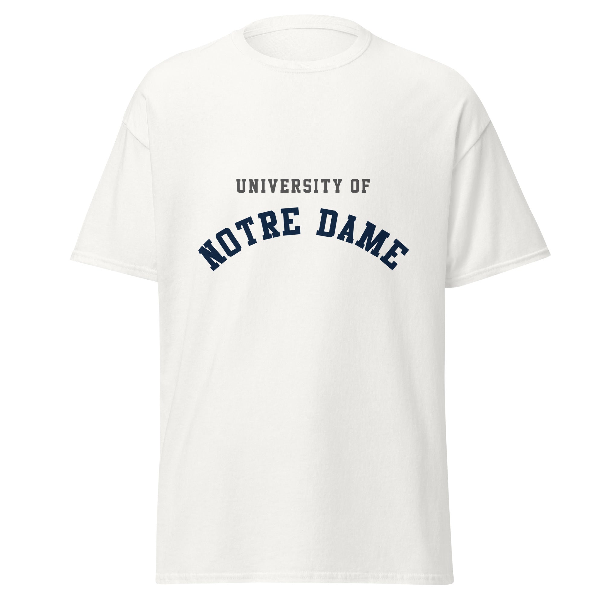 Unisex classic tee featuring University of Notre Dame name and branding in navy and gold