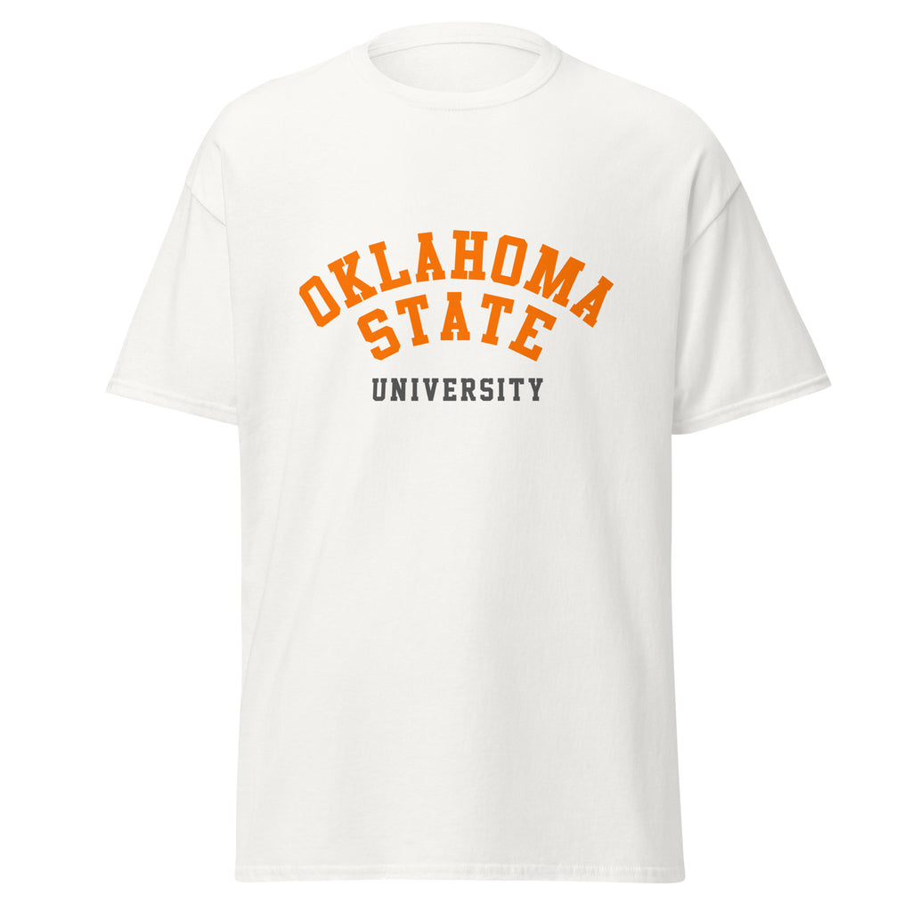 Unisex classic tee featuring Oklahoma State University name and branding in orange and black