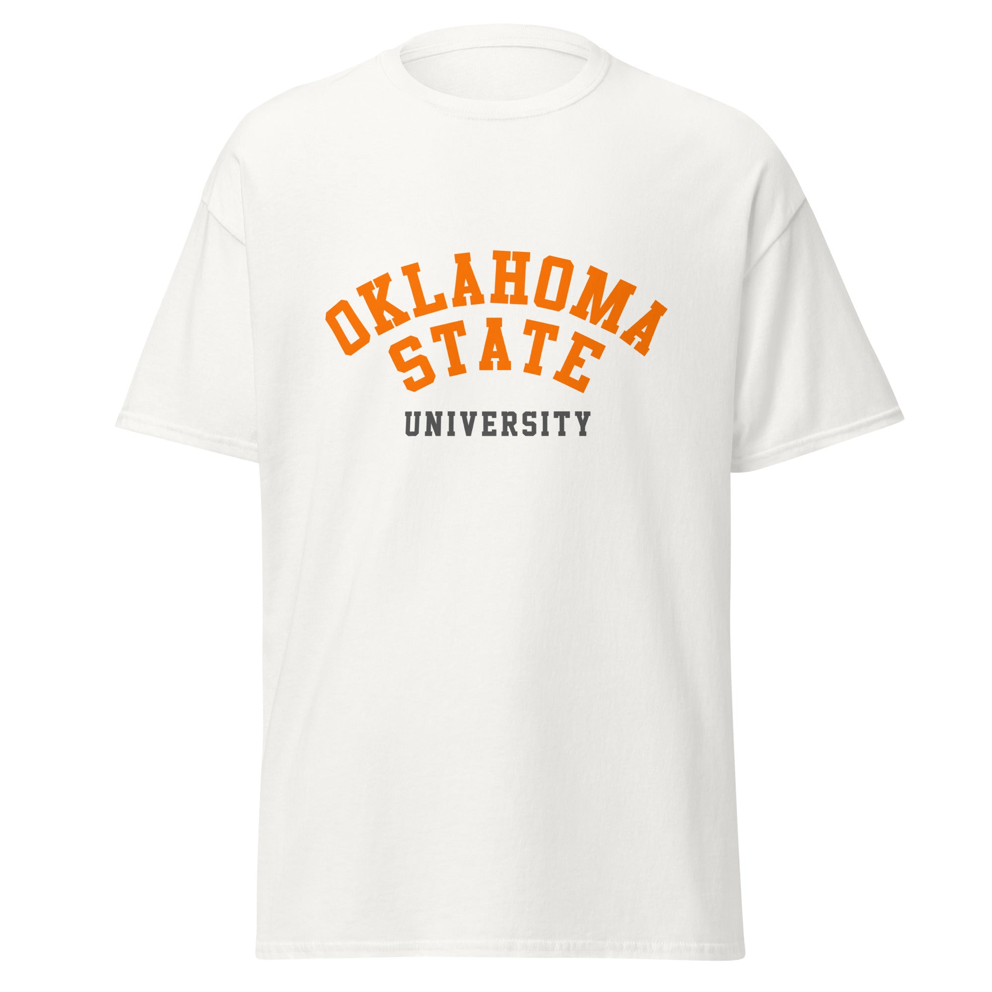 Unisex classic tee featuring Oklahoma State University name and branding in orange and black