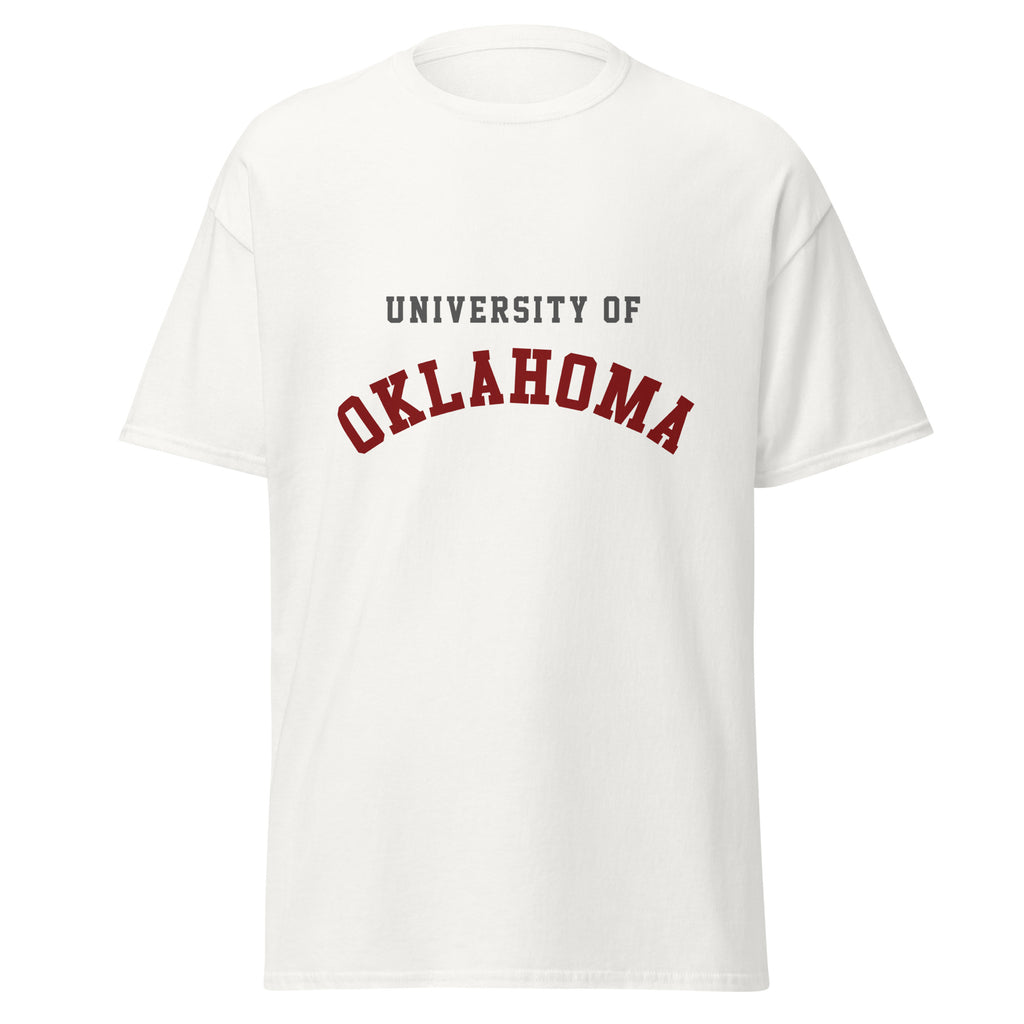 Unisex classic tee featuring University of Oklahoma name and branding in crimson and cream