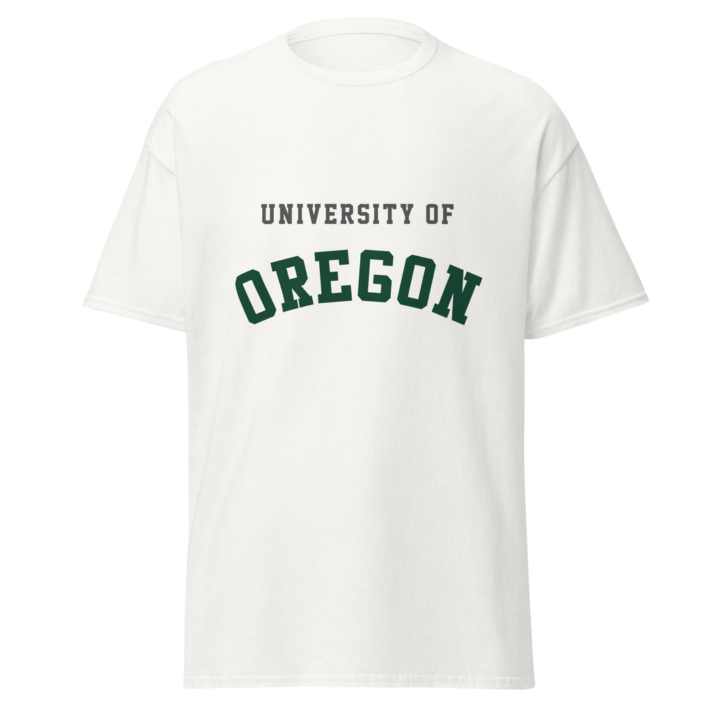 Unisex classic tee featuring University of Oregon name and branding in green and yellow