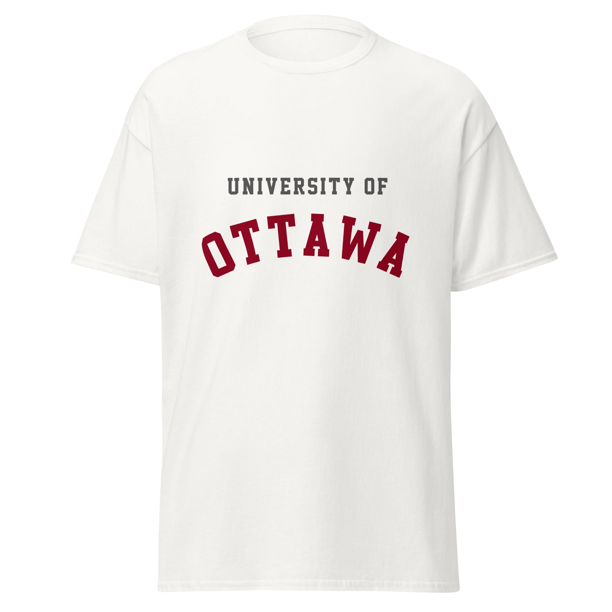 Unisex classic tee featuring University of Ottawa name and branding in garnet and grey