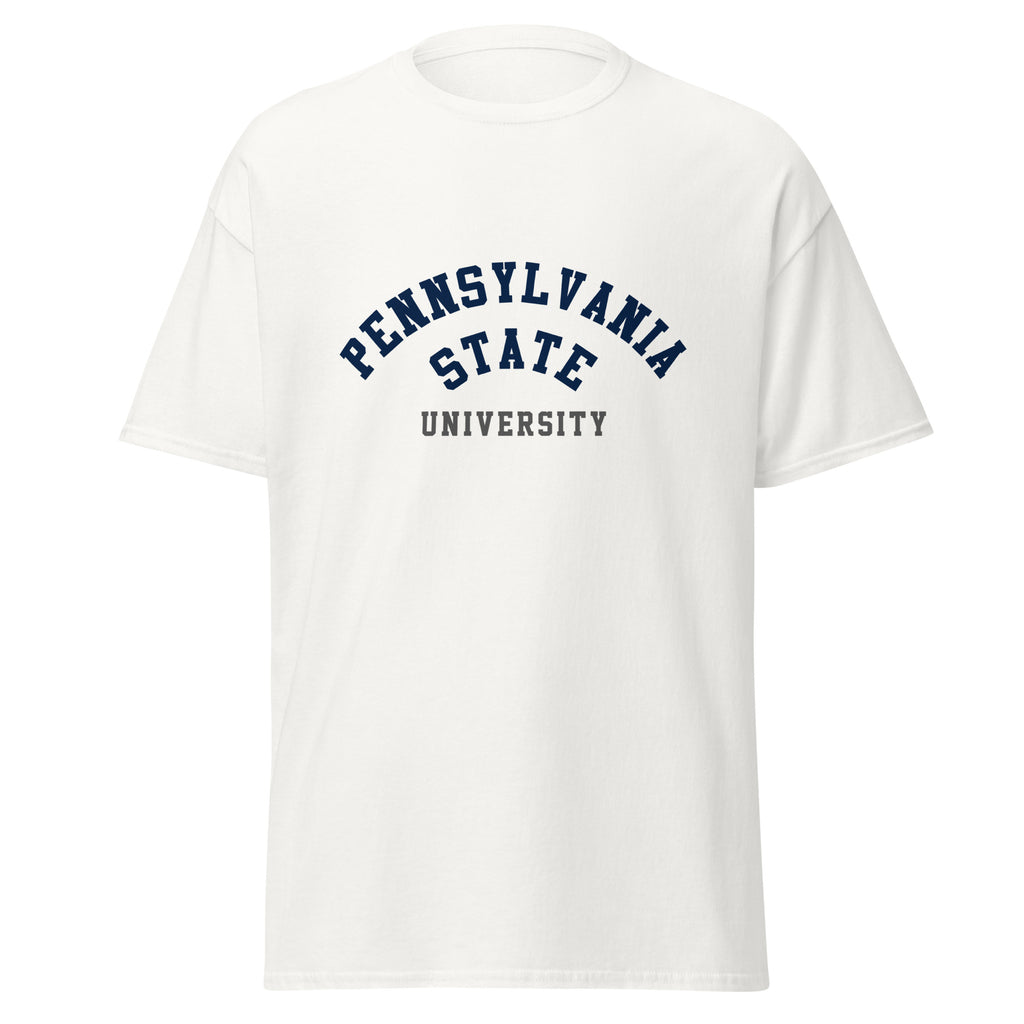 Unisex classic tee featuring Penn State University name and branding in navy and white
