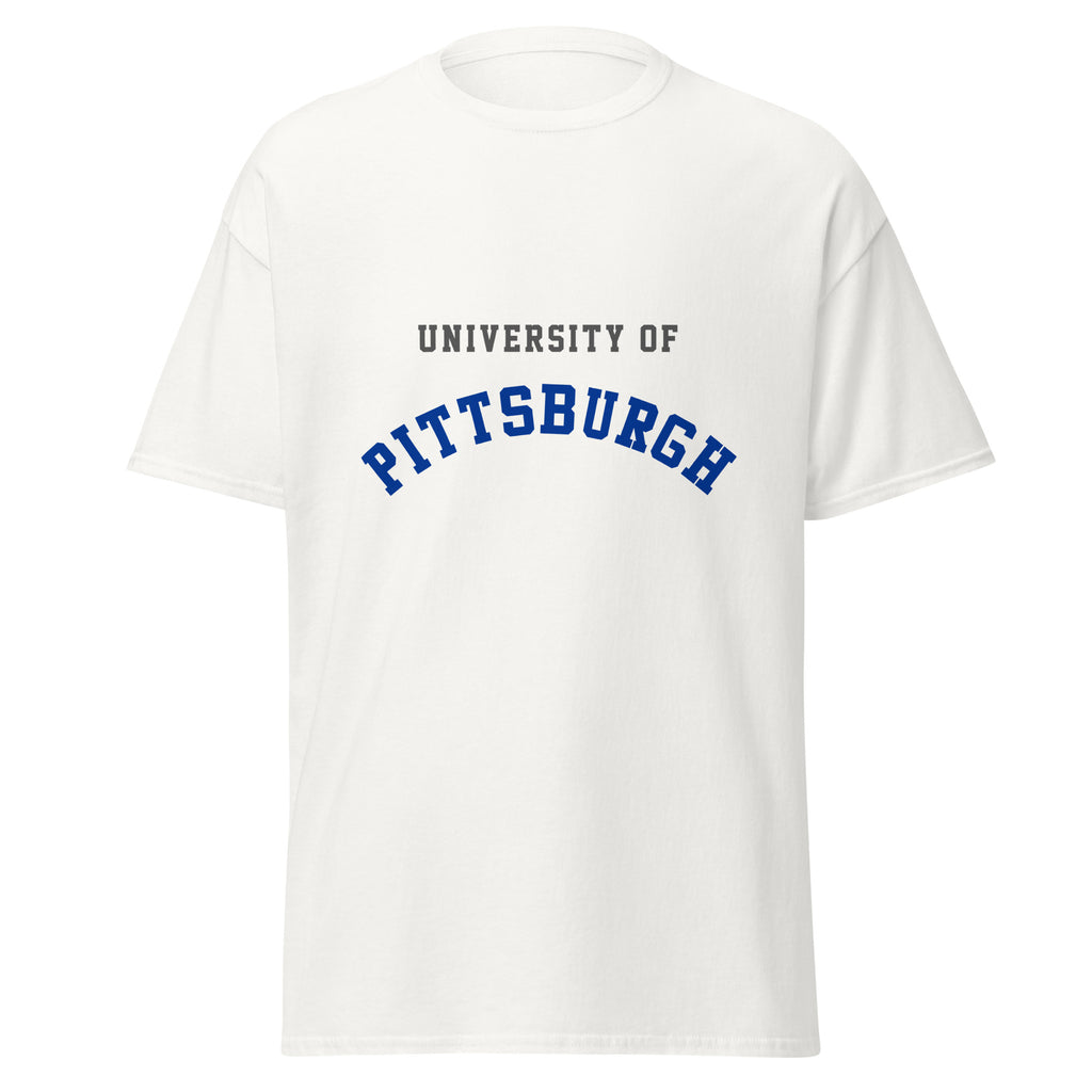 Unisex classic tee featuring University of Pittsburgh name and branding in royal blue and gold
