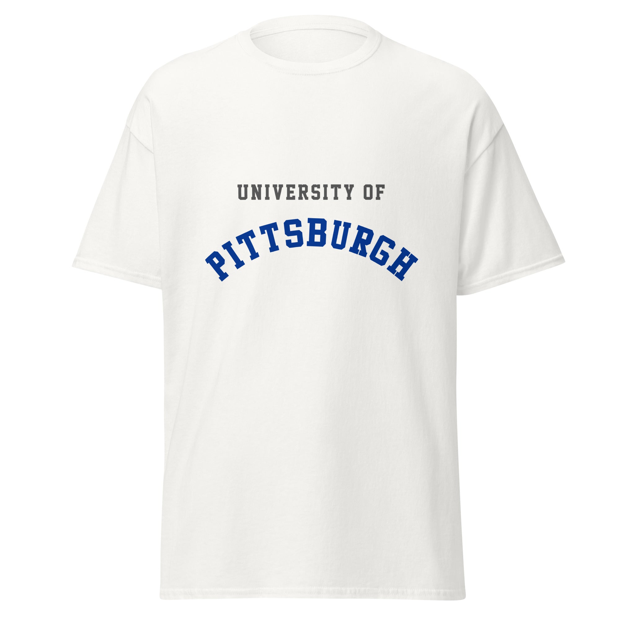 Unisex classic tee featuring University of Pittsburgh name and branding in royal blue and gold