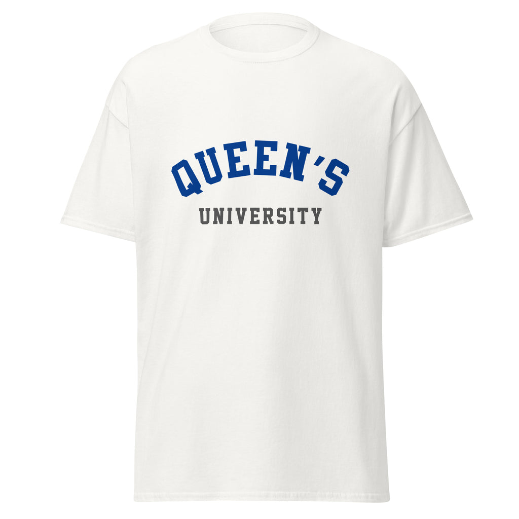 Unisex classic tee featuring Queen's University name and branding in blue and red