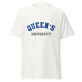 Unisex classic tee featuring Queen's University name and branding in blue and red