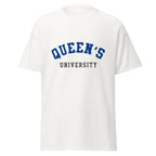 Unisex classic tee featuring Queen's University name and branding in blue and red