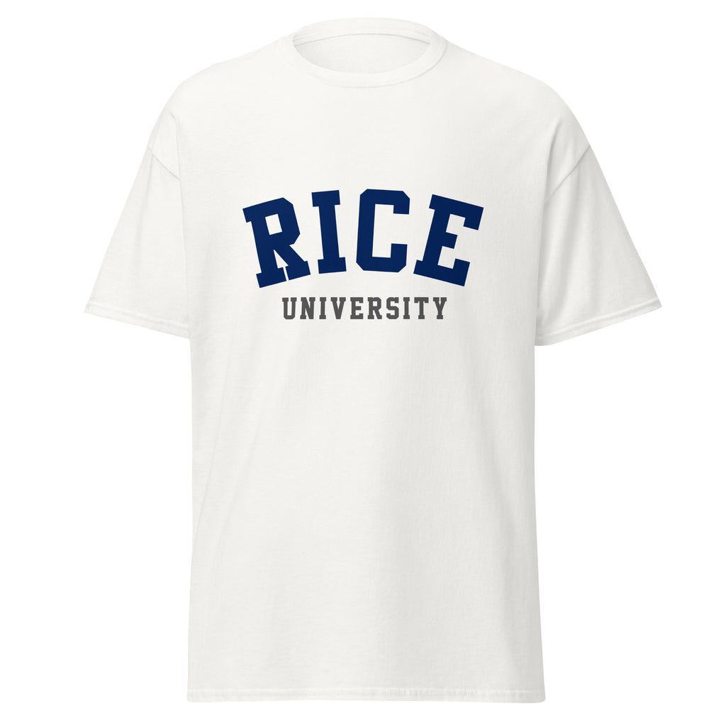 Unisex classic tee featuring Rice University name and branding in navy and grey