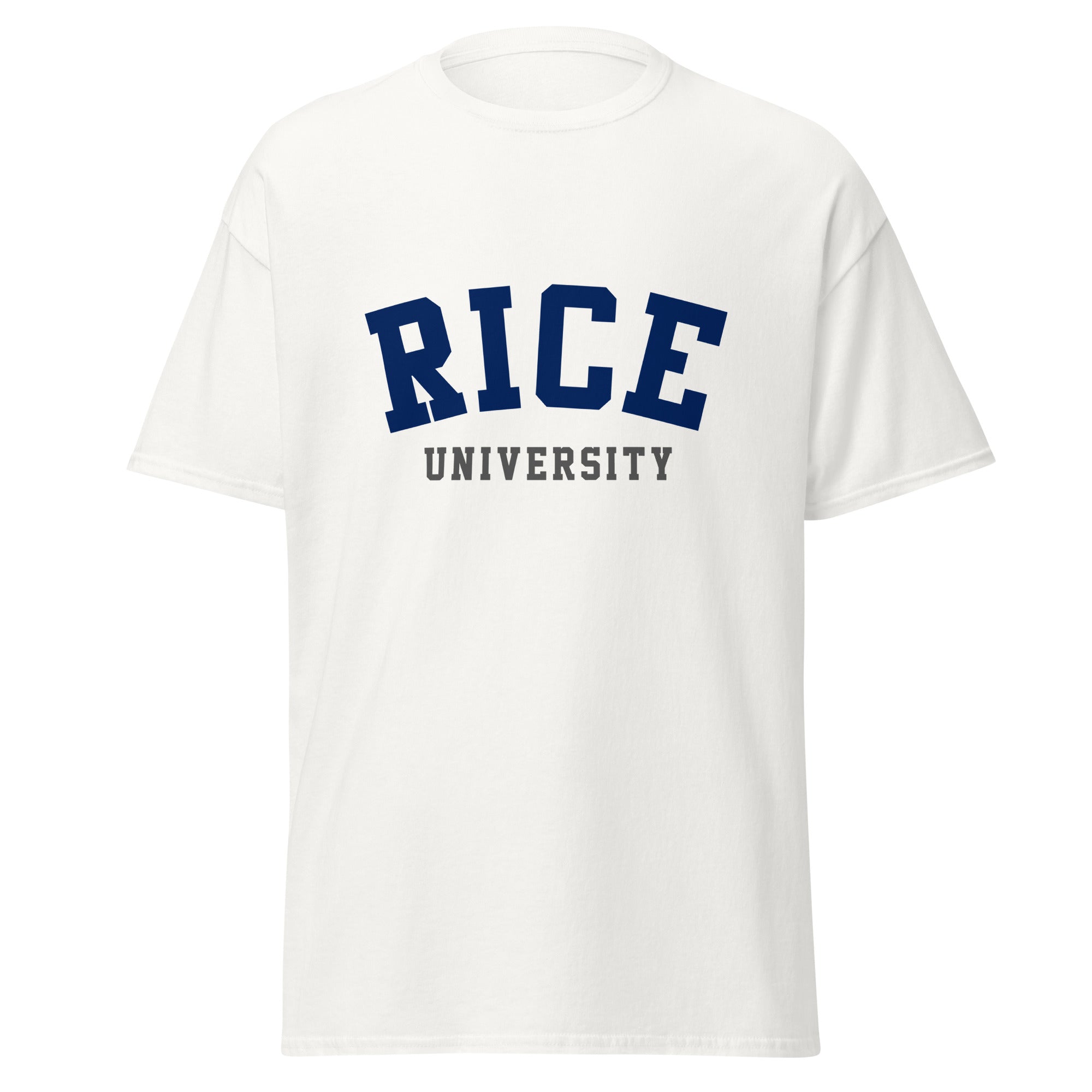 Unisex classic tee featuring Rice University name and branding in navy and grey