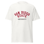 Unisex classic tee featuring San Diego State University name and branding in scarlet and black