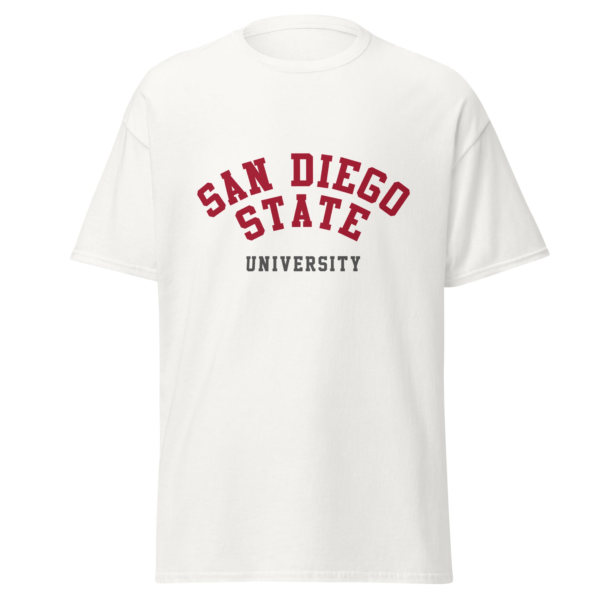 Unisex classic tee featuring San Diego State University name and branding in scarlet and black