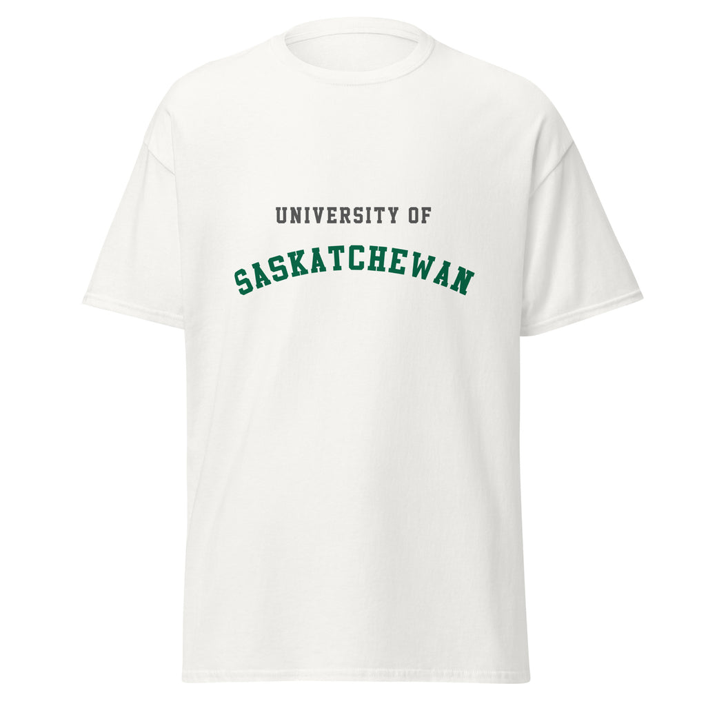 Unisex classic tee featuring University of Saskatchewan name and branding in green and gold
