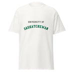 Unisex classic tee featuring University of Saskatchewan name and branding in green and gold