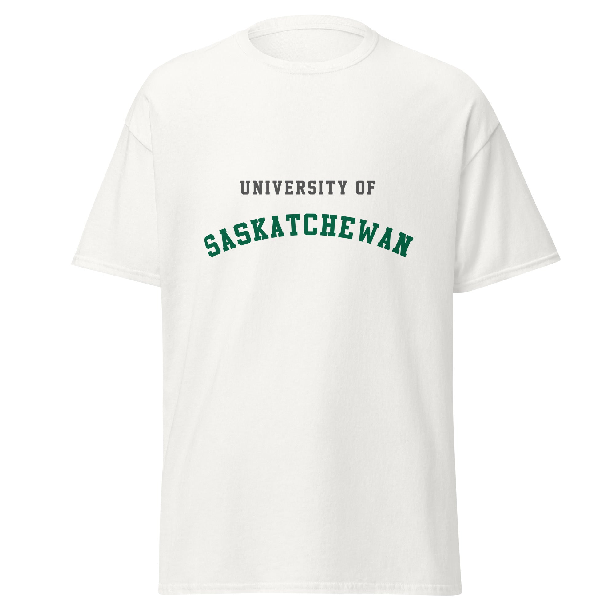 Unisex classic tee featuring University of Saskatchewan name and branding in green and gold