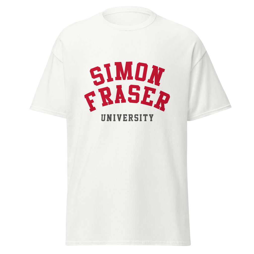 Unisex classic tee featuring Simon Fraser University name and branding in red and white