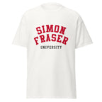 Unisex classic tee featuring Simon Fraser University name and branding in red and white