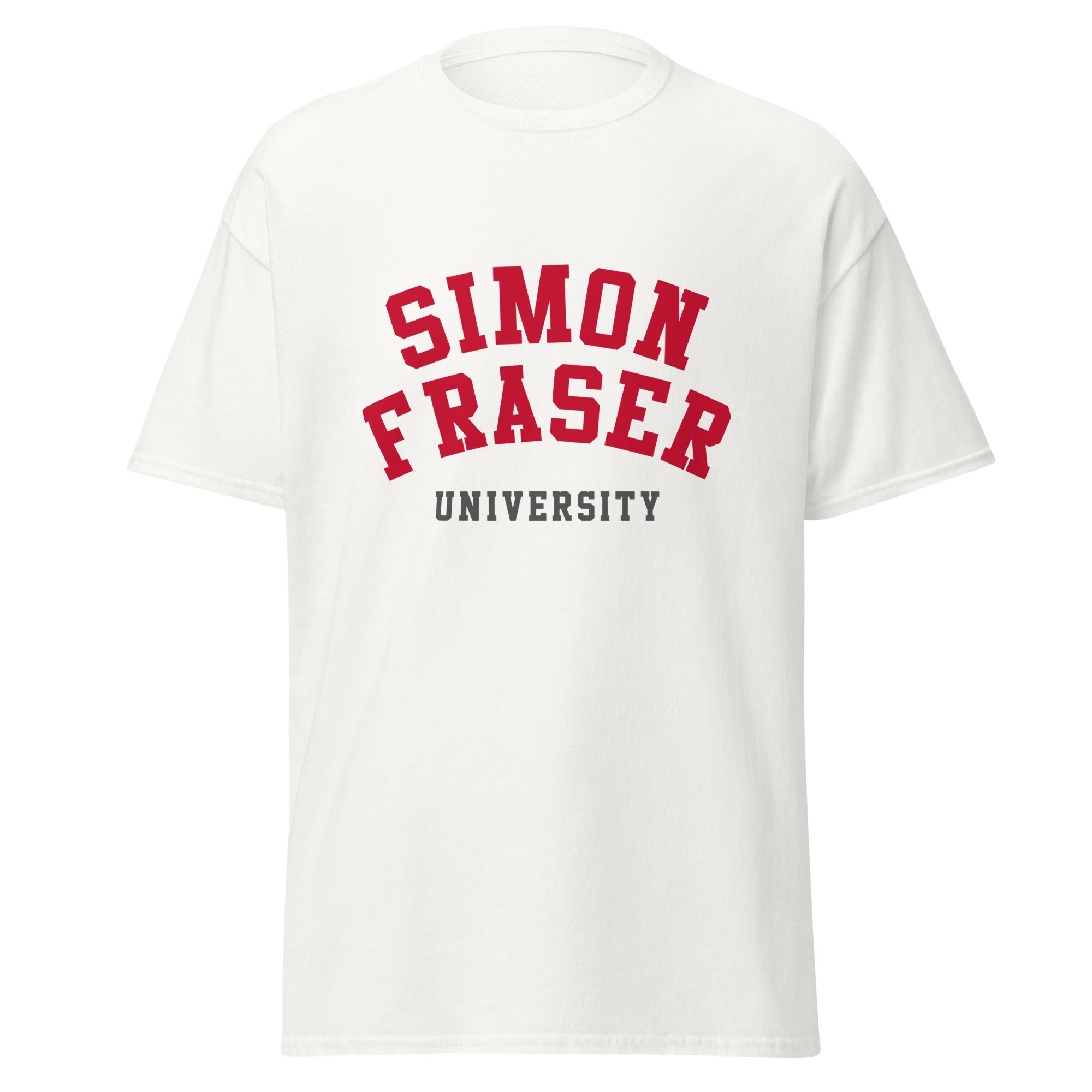 Unisex classic tee featuring Simon Fraser University name and branding in red and white