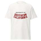 Unisex classic tee featuring University of Southern California name and branding in cardinal and gold