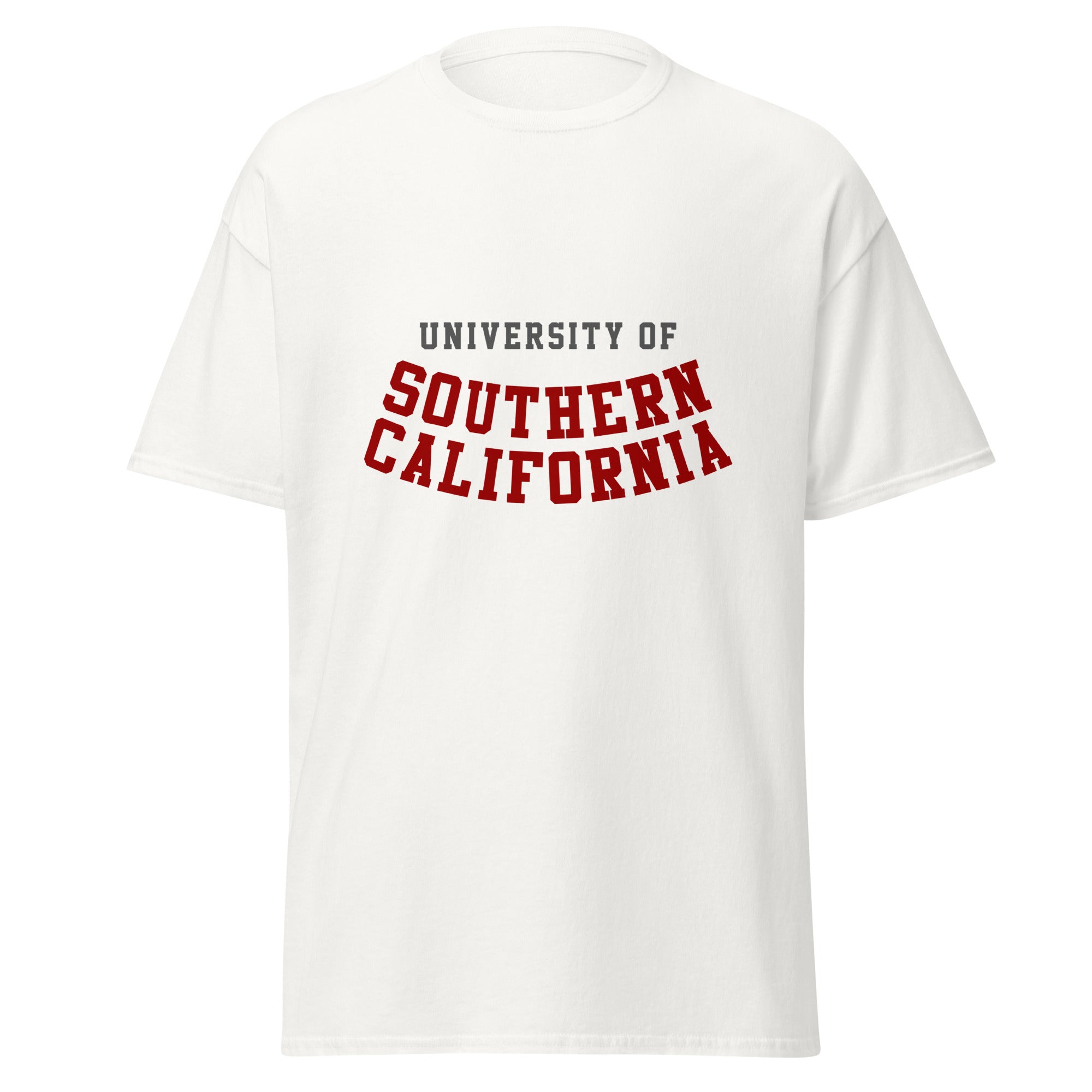 Unisex classic tee featuring University of Southern California name and branding in cardinal and gold