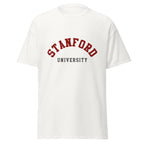 Unisex classic tee featuring Stanford University name and branding in cardinal red and white
