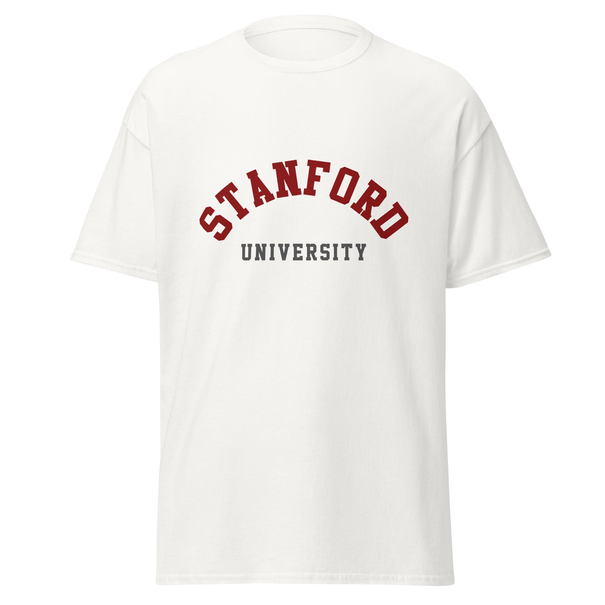 Unisex classic tee featuring Stanford University name and branding in cardinal red and white