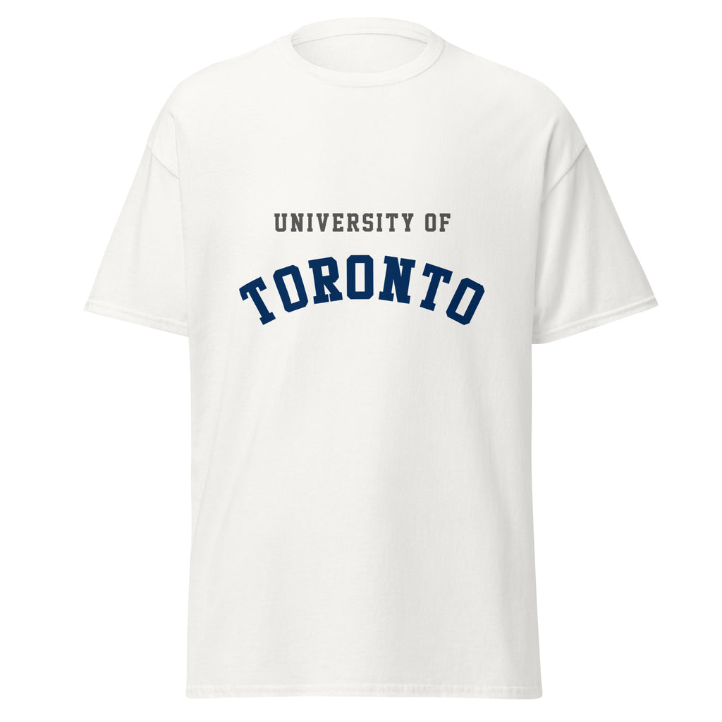 Unisex classic tee featuring University of Toronto name and branding in blue and white