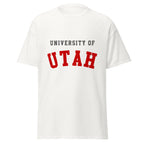 Unisex classic tee featuring University of Utah name and branding in crimson and white