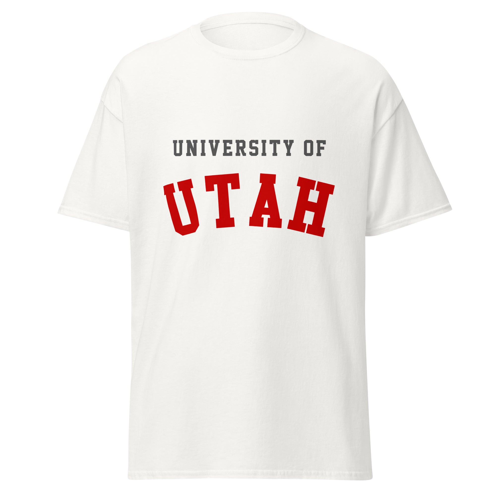 Unisex classic tee featuring University of Utah name and branding in crimson and white