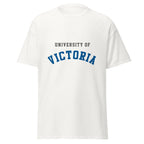 Unisex classic tee featuring University of Victoria name and branding in blue and red