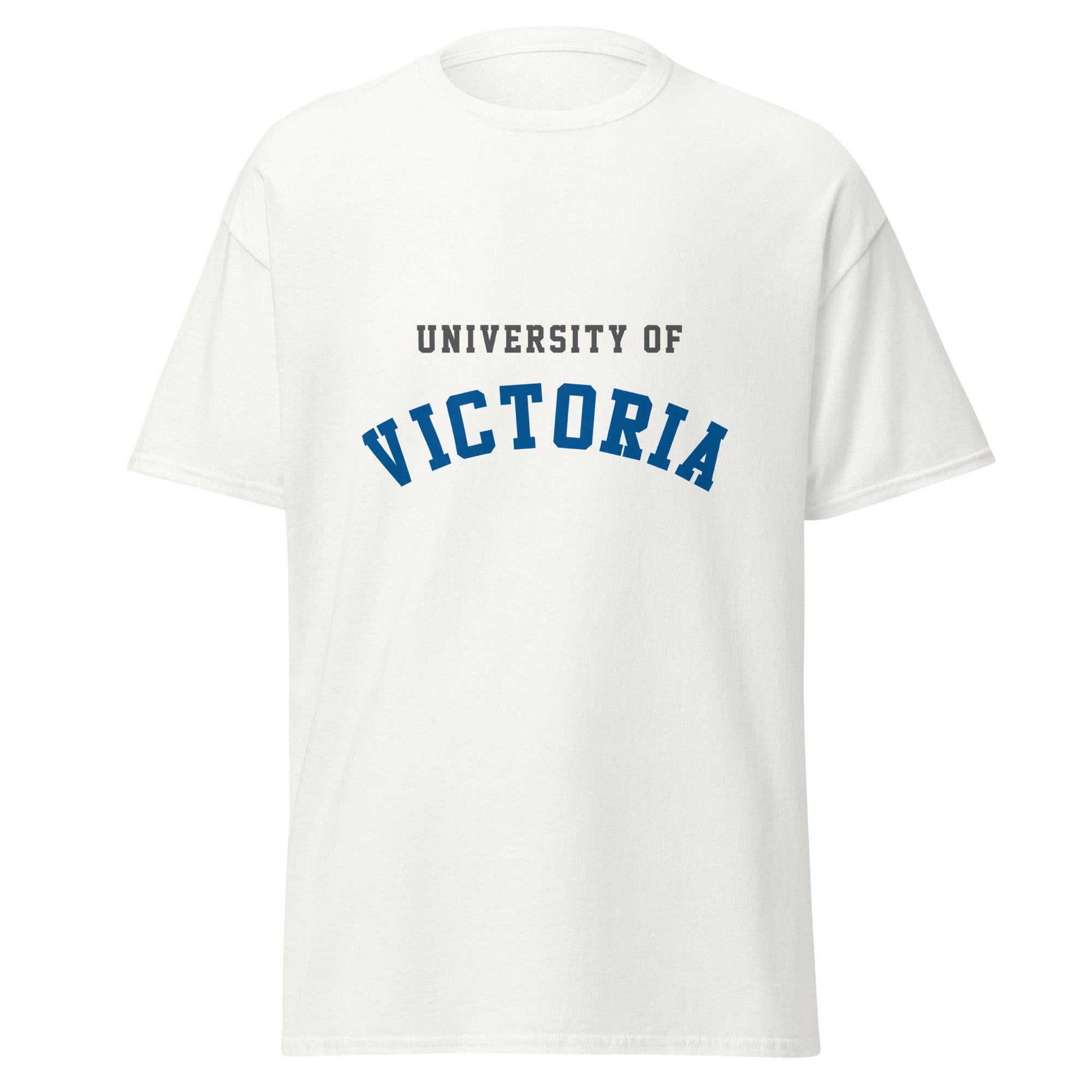 Unisex classic tee featuring University of Victoria name and branding in blue and red