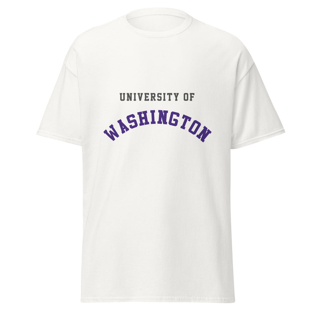 Unisex classic tee featuring University of Washington name and branding in purple and gold