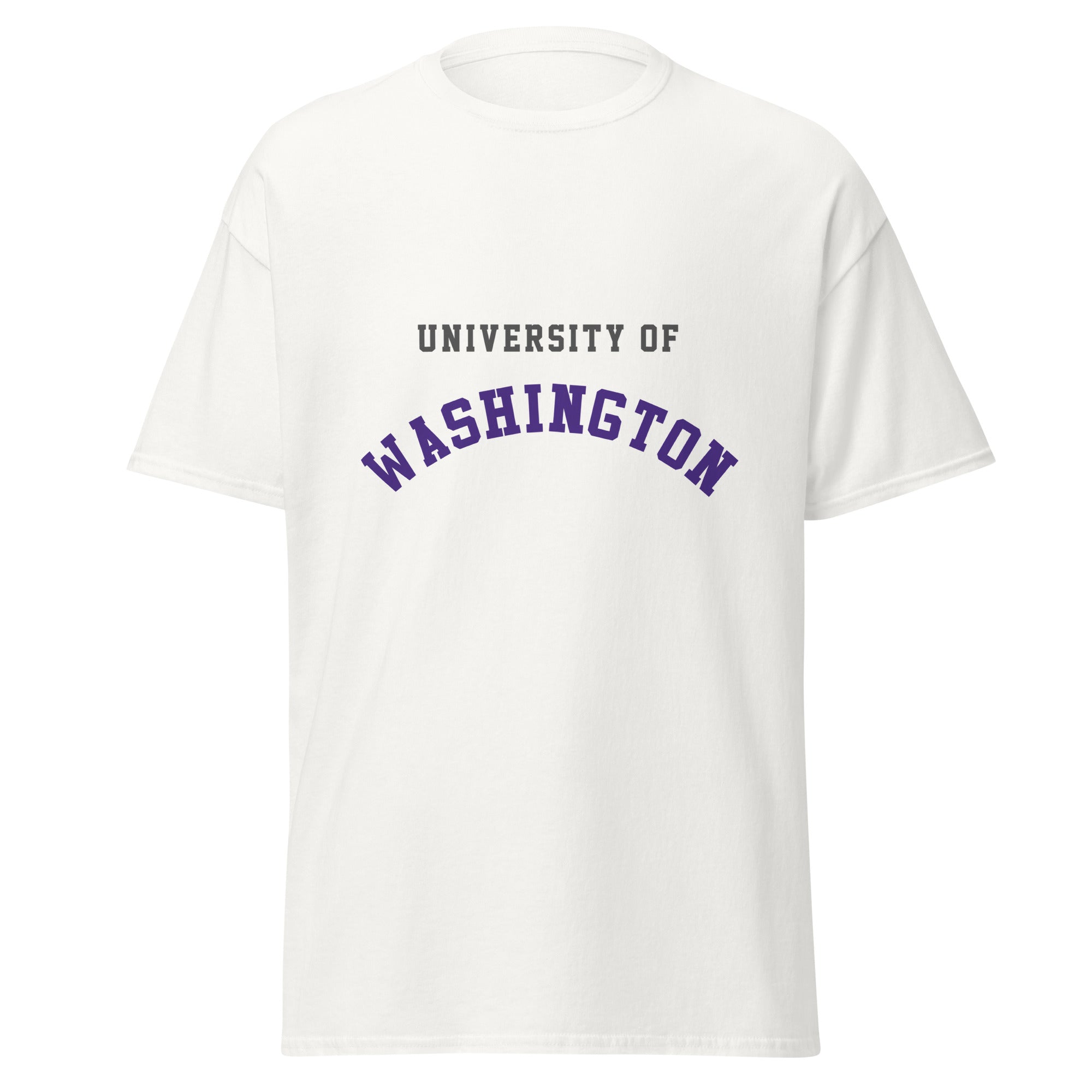 Unisex classic tee featuring University of Washington name and branding in purple and gold