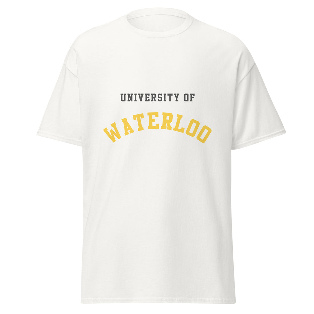 Unisex classic tee featuring University of Waterloo name and branding in black and gold
