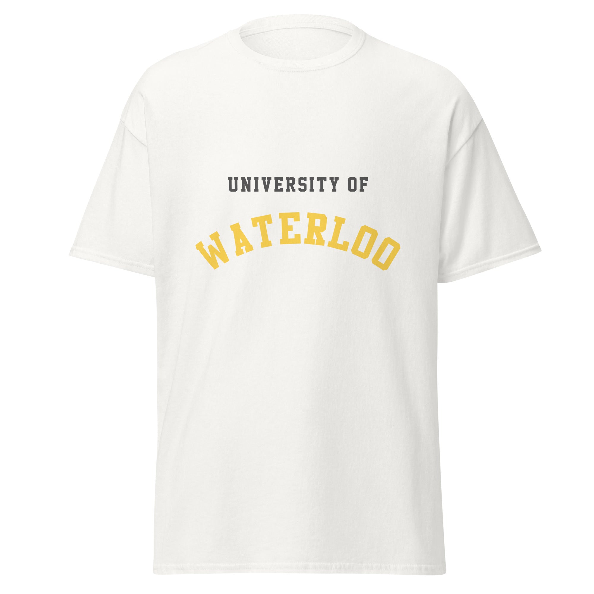 Unisex classic tee featuring University of Waterloo name and branding in black and gold